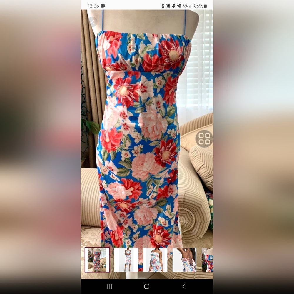 ASOS DESIGN Satin Cami Ruched Bust Lace Up Back Midi Dress in Bright Blue Floral